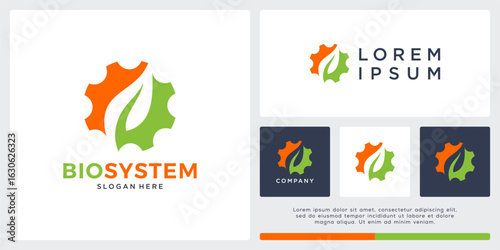 Bio system logo design with leaf and gear