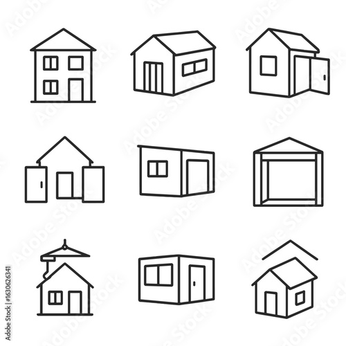 Modular Structure Icons. Line style icons of modular and prefab structures: prefab house block, shipping container home, fold-out