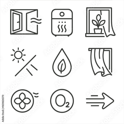 Home Freshness Icons. Line style icons of clean air and freshness at home: open window icon, air purifier silhouette, plant near