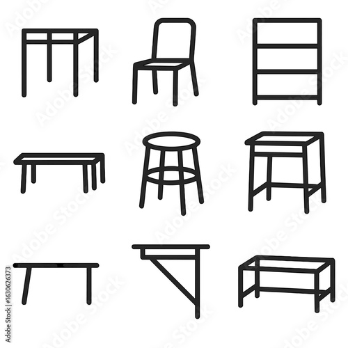 Furniture Line Icons. Line style icons of furniture-type structures: four-leg table frame, simple chair silhouette, open shelf
