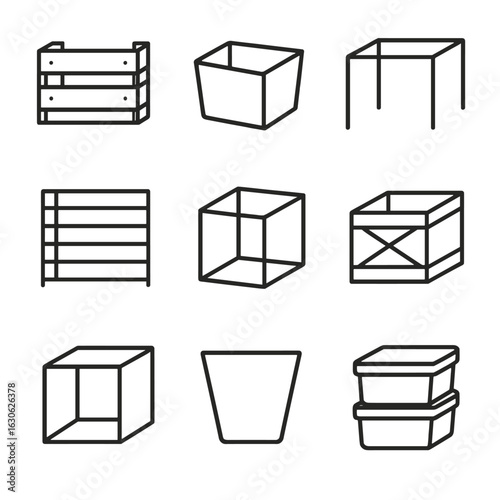 Minimalist Line Icons. Line style icons of compact minimal objects: small crate frame, open storage box, lightweight table frame,