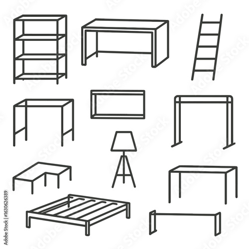 Minimalist Furniture Icons. Line style icons of indoor structural simplifications: bookshelf frame with no back, open kitchen