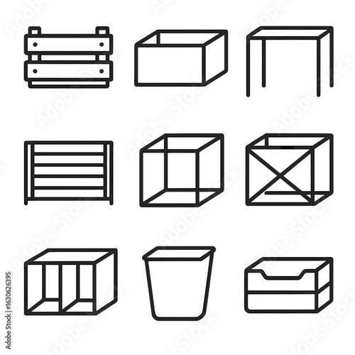 Minimalist Line Icons. Line style icons of compact minimal objects: small crate frame, open storage box, lightweight table frame,