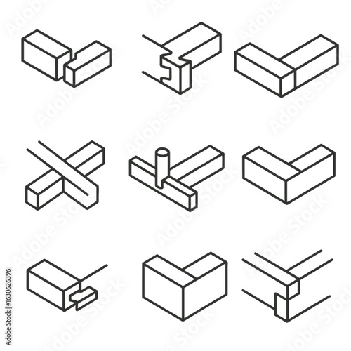 Wood Joinery Icons. Line style icons of wooden joinery basics: mortise and tenon shape, dovetail side view, lap joint icon, cross