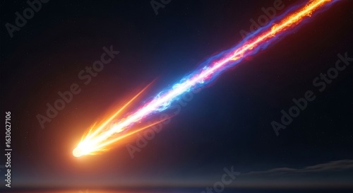 A bright, fiery comet or meteor streaks across a dark sky, leaving a colorful trail of orange, red, and blue light.