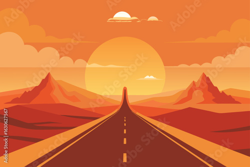 Sunset Road Desert Vector Landscape
