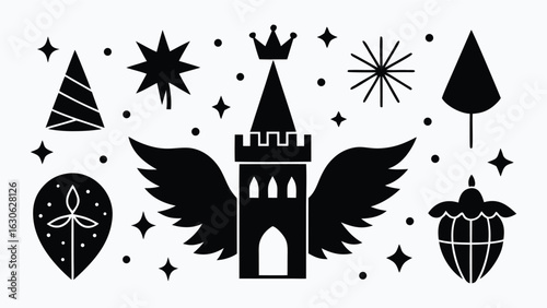 Vector art of black silhouette of a magical castle with wings and a crown, surrounded by stars and mystical elements isolated on white background.