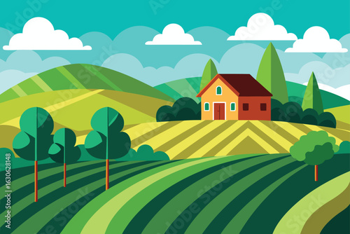 Agricultural Hillside with Farmhouses – Flat Vector Background