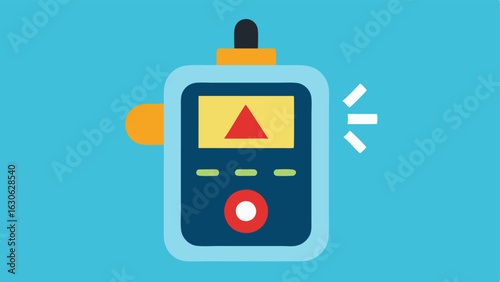 Emergency Alert Feature A robust handheld unit with buttons for emergency alerts depicted in a persons hand with a bright emergency signal icon flashing on the screen.