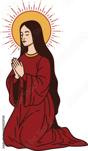 Woman in red robe kneeling and praying with halo and rays religious illustration vector art 