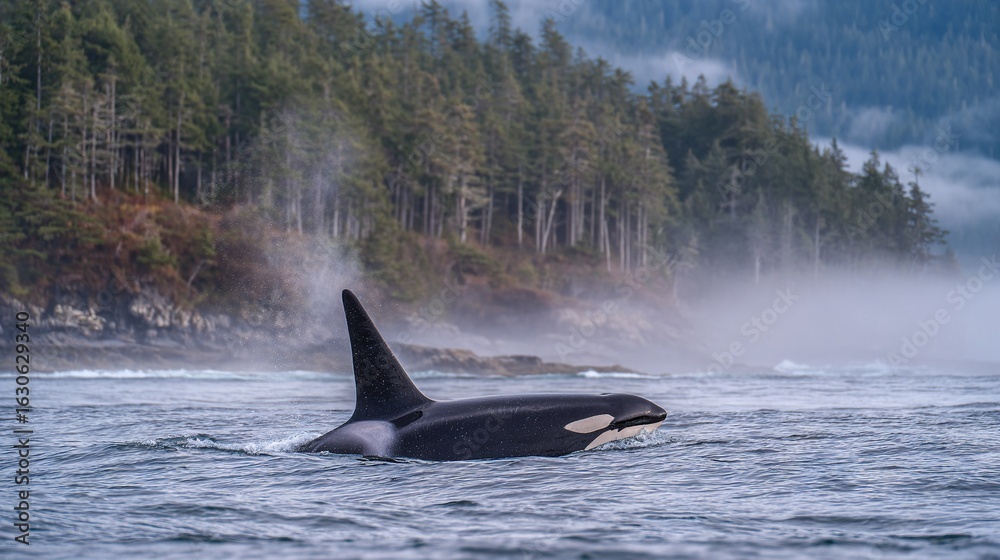 Obraz premium A black and white orca swims through a hazy water scene, surrounded by a dense forest