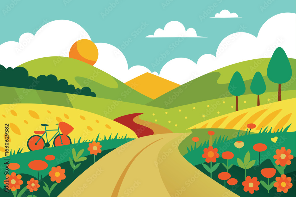 Fototapeta premium Green Hills and Flowers Vector Background