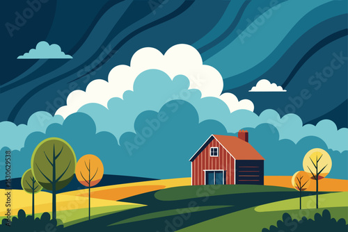 Farmhouse with Dramatic Clouds Vector Background