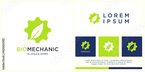 Bio mechanic logo design with leaf and gear