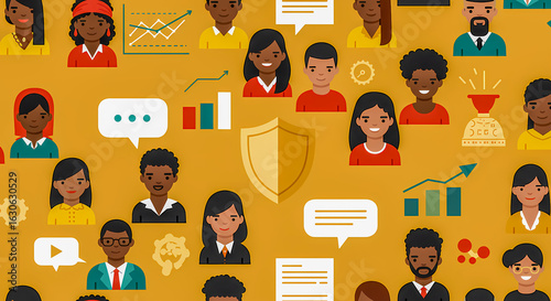 Global Team Collaboration: Diverse Professionals with a Central Shield, Business Data, and Communication Icons