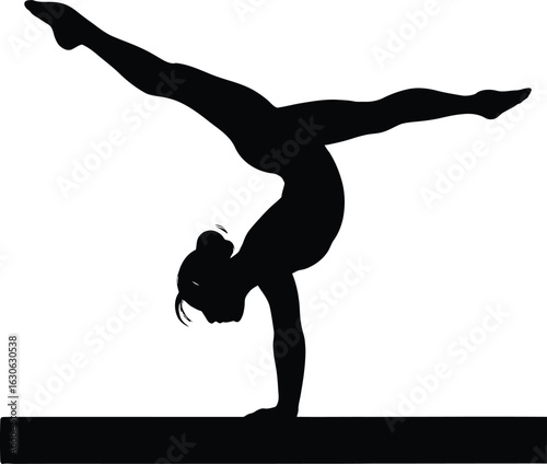 Silhouette of a graceful gymnast performing a handstand split on a balance beam