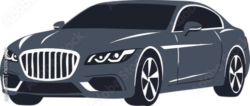 Sports car vector illustration of sleek dark grey coupe with modern design and aerodynamic features 