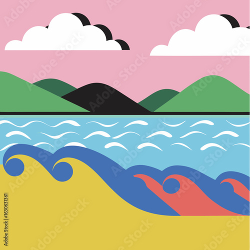 Stylized beach scene with rolling waves and distant hills under a pink sky