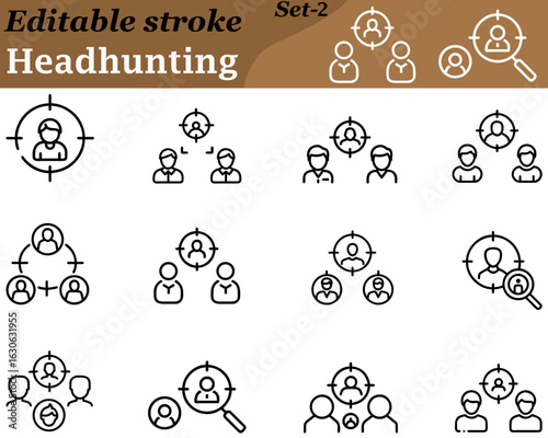 A headhunting icon character featuring a confident recruiter figure holding a magnifying glass, scanning resumes or candidate profiles. The character wears professional attire, symbolizing expertise.