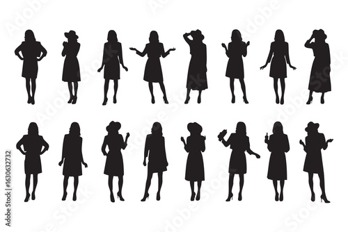 Collection of diverse female silhouettes in various poses and fashionable attire woman style