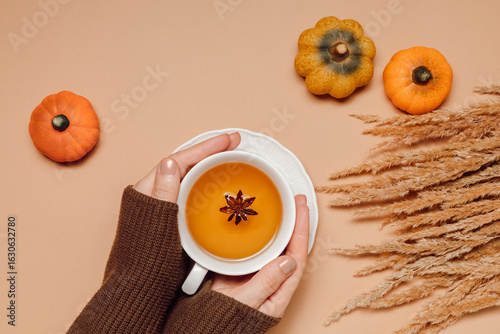 Fototapeta Naklejka Na Ścianę i Meble -  Woman hands hold cup of tea with anise spice on brown background with pumpkins and pampas grass, top view. Cozy autumn tea