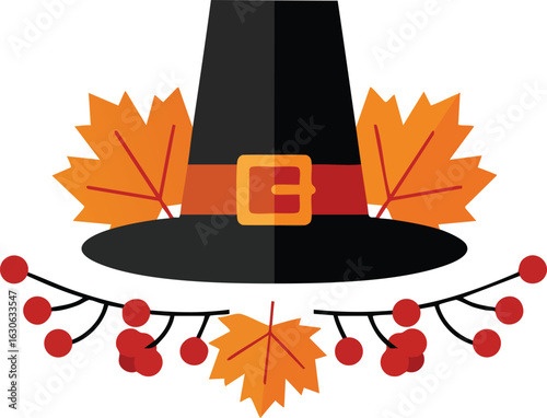 Pilgrim hat with orange autumn leaves and red berries for fall season decoration vector illustration 