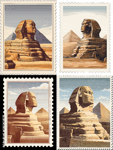 Illustration of postage stamps featuring the Great Sphinx of Giza with pyramid backgrounds, rendered in vintage tones and classic desert scenery.

