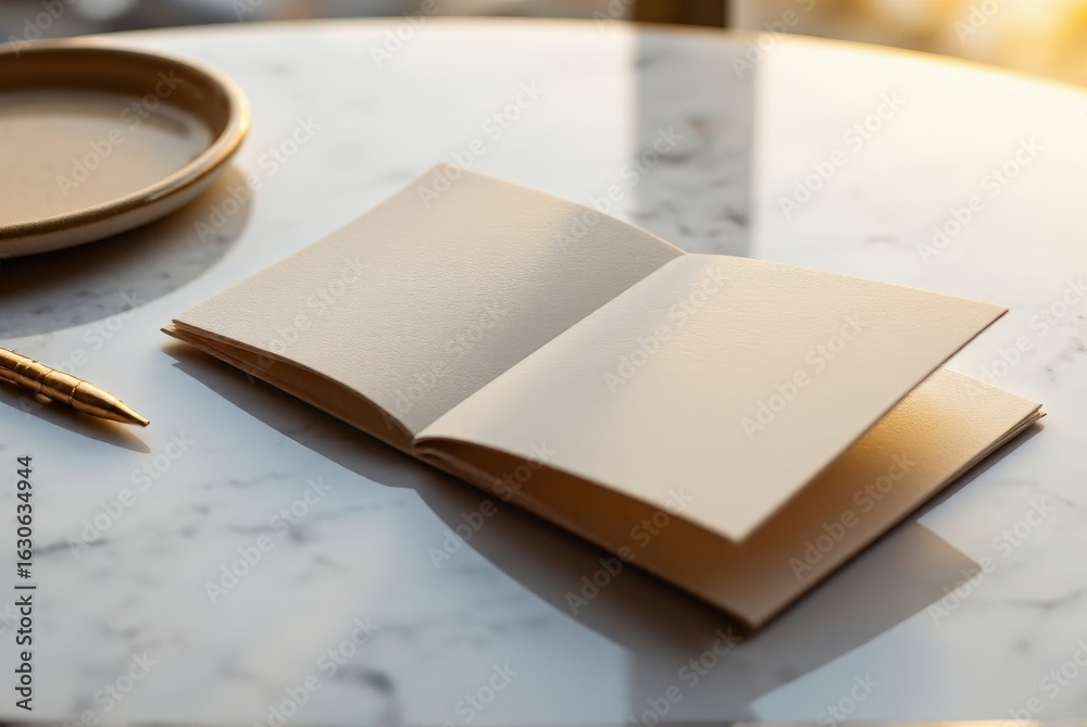 Fototapeta premium Partially open luxury trifold brochure mockup displayed on smooth Carrara marble surface, with a gold pen resting nearby for a sophisticated workspace aesthetic.