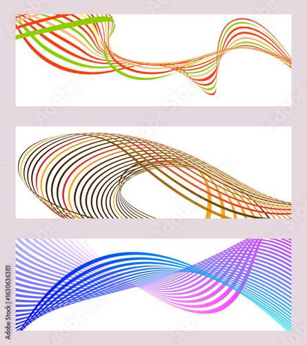 Wavy lines or ribbons. Set of 3 backgrounds. Multicolored striped gradient. Creative unusual background with abstract gradient wave lines to create a trendy banner, poster. vector eps