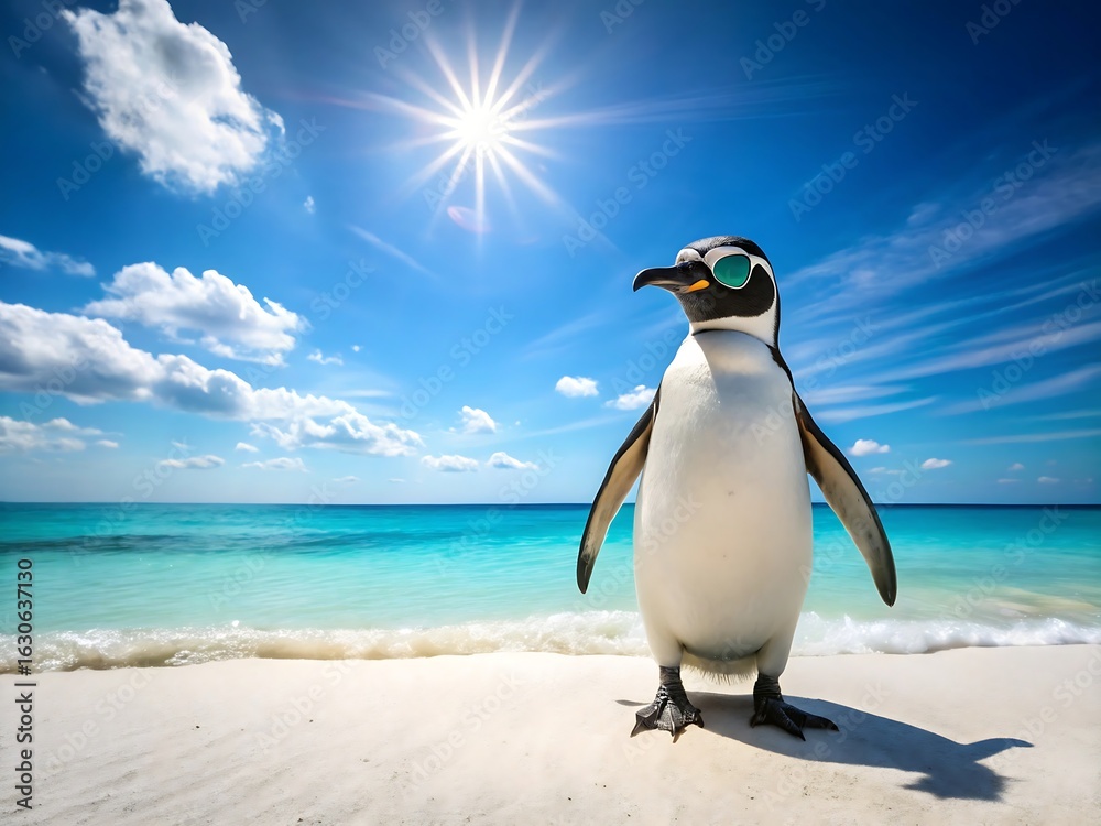 Obraz premium Cool penguin wearing sunglasses enjoying a sunny day on a tropical beach with blue sky and turquoise water