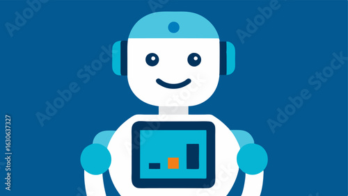 Friendly AI Robot A friendlylooking robot with a smiling face holding a digital tablet displaying health analytics symbolizing accessibility and approachability in health advice.