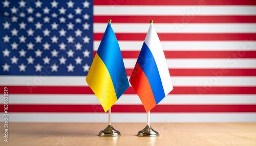Flags of Ukraine, Russia, and the United States displayed together, symbolizing global geopolitics.