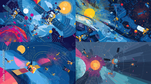 Dynamic illustration of space satellites orbiting around planets and stars, featuring data waves, space communication, and colorful cosmic environments.

