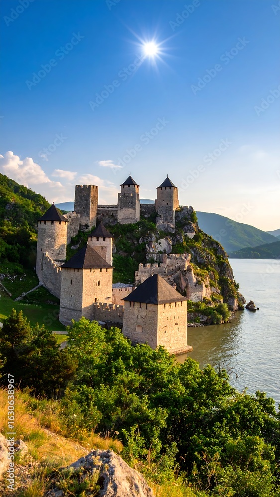 Naklejka premium Fortress overlooking a serene body of water