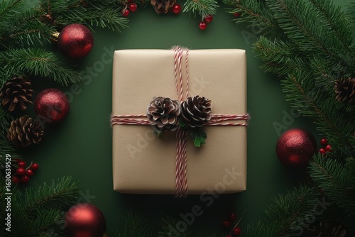 Photo of christmas gift box with pinecones and ornaments