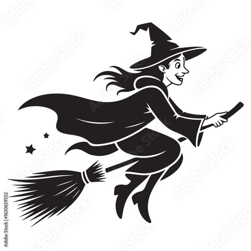 Cartoon woman witch in hat riding a broomstick with a cowboy horse silhouette vector illustration