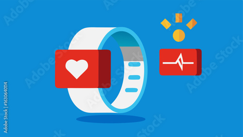 Emergency Alert Feature An illustration of a wearable device sending an alert notification about an elevated heart rate with a red warning symbol.