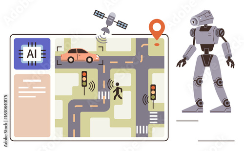 AI circuit powering smart traffic system with autonomous car, pedestrian signals, GPS satellite. Humanoid robot nearby. Ideal for technology, automation, AI, innovation, mobility robotics data