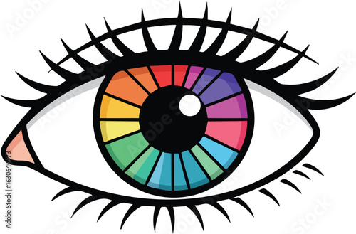 Colorful human eye with rainbow iris and black eyelashes vector illustration for creative design and vision concepts