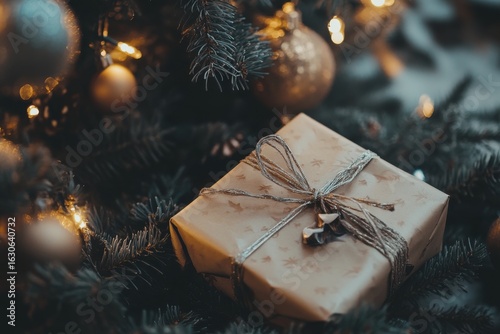 Photo of christmas gift box wrapped in brown paper with ribbon