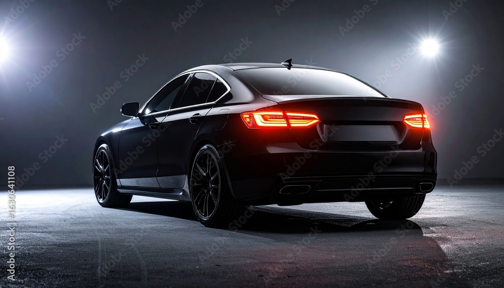 Obraz premium Black sedan parked in dramatic lighting with illuminated rear lights and sleek design.