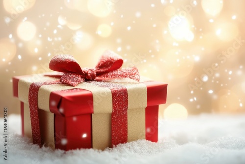 Photo of christmas gift box with red ribbon in snow