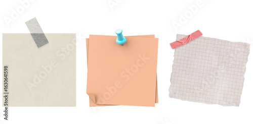 Blank Note Papers:  Cream, Peach, Grid;  Torn Edges, Tape, Pushpin;  Minimalist Office Stationery Mockup