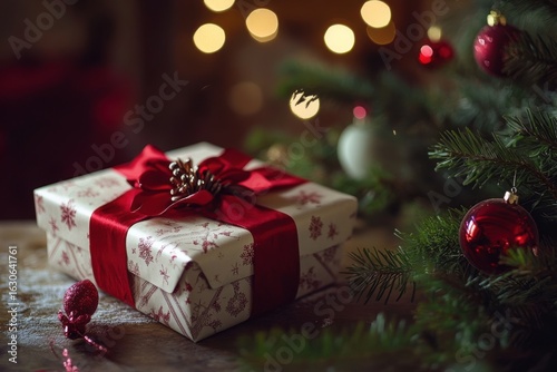 Photo of christmas gift box with red ribbon and tree decoration