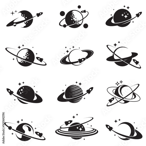 monochrome design collection of planet saturn with rocket isolated on white background