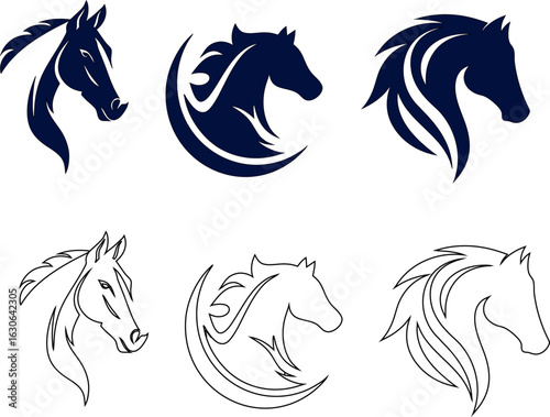 horse logo vector icon set in flat black silhouette and outline styles
