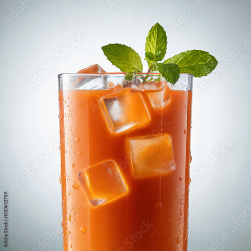 Fresh red tomato juice with a mint leaf in a cold glass