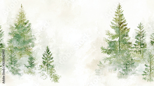 Minimalist watercolor fir trees create serene atmosphere, showcasing nature beauty in soft greens and gentle hues