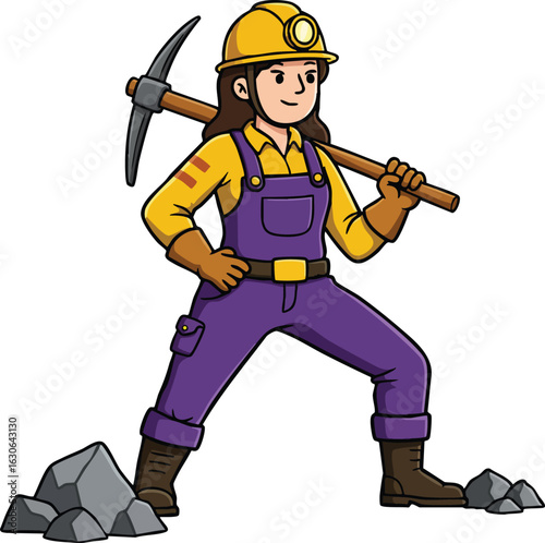 Female Miner Holding Pickaxe Wearing Protective Helmet and Work Gloves in Mining Environment Vector Illustration 