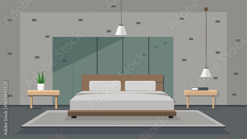 A minimalist bedroom with a concrete accent wall and a low platform bed made of reclaimed wood.
